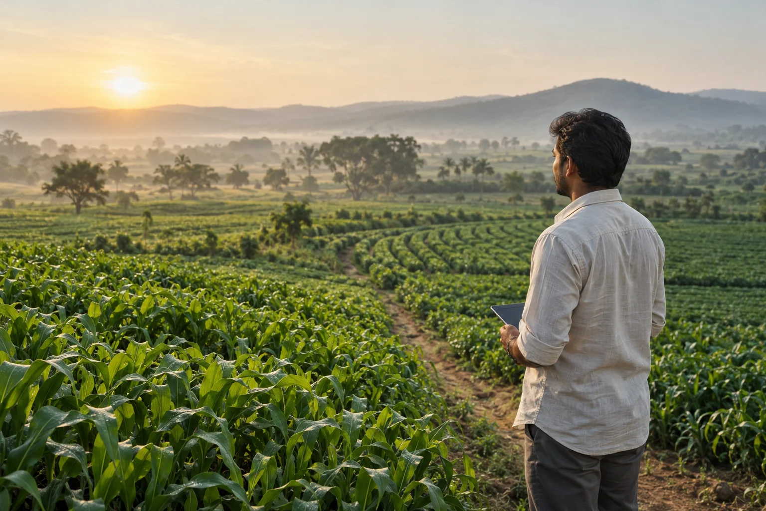 Illustrative agricultural professional using a tablet beside cultivated fields in morning light