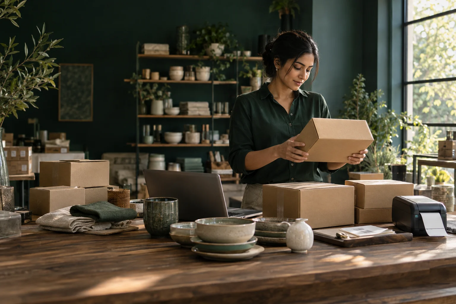 Illustrative retail owner checking a parcel, with products and fulfilment tools on her workbench