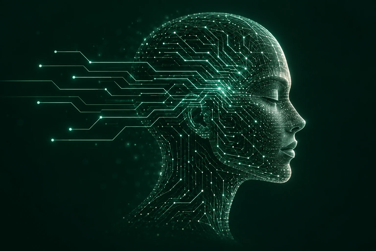 A calm human profile formed from fine emerald circuits and pearl connections, expressing intelligence designed around people.